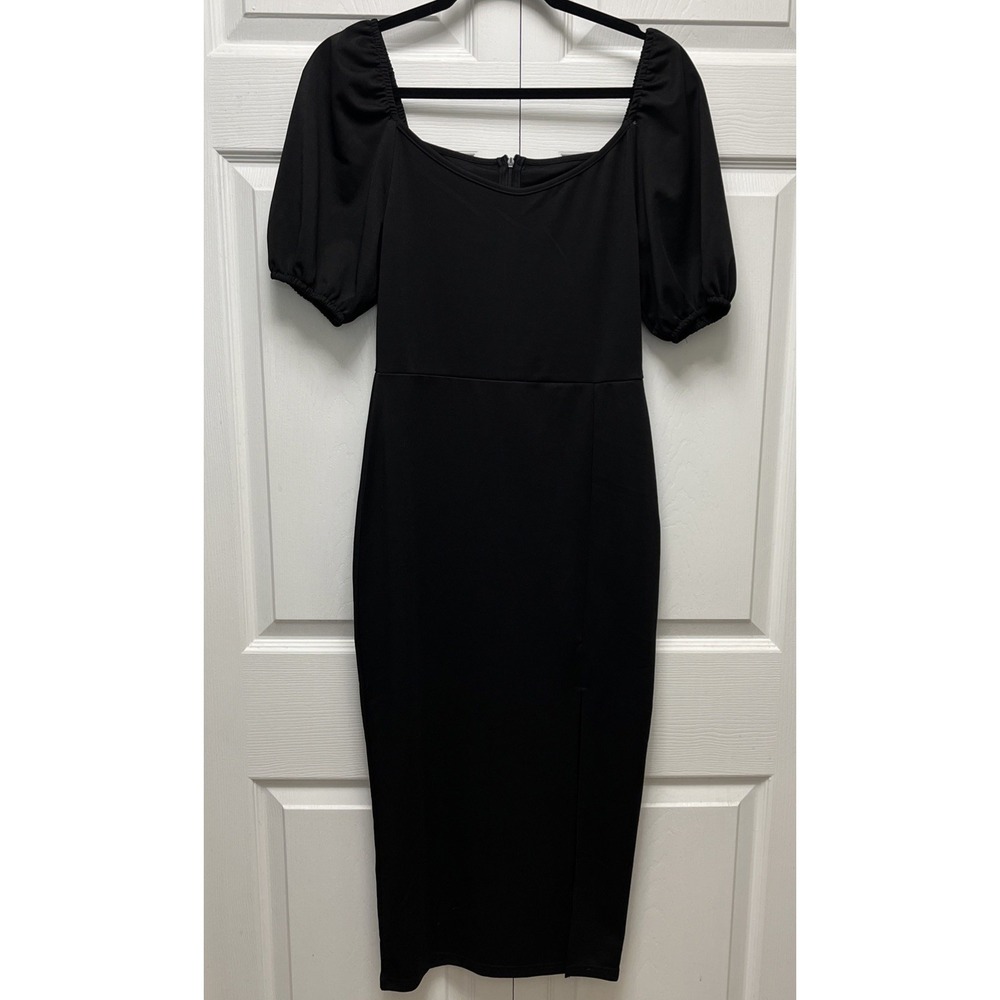 Women's Minimal Classic Balloon Sleeve Midi Dress,Size M Black - Picture 2 of 8